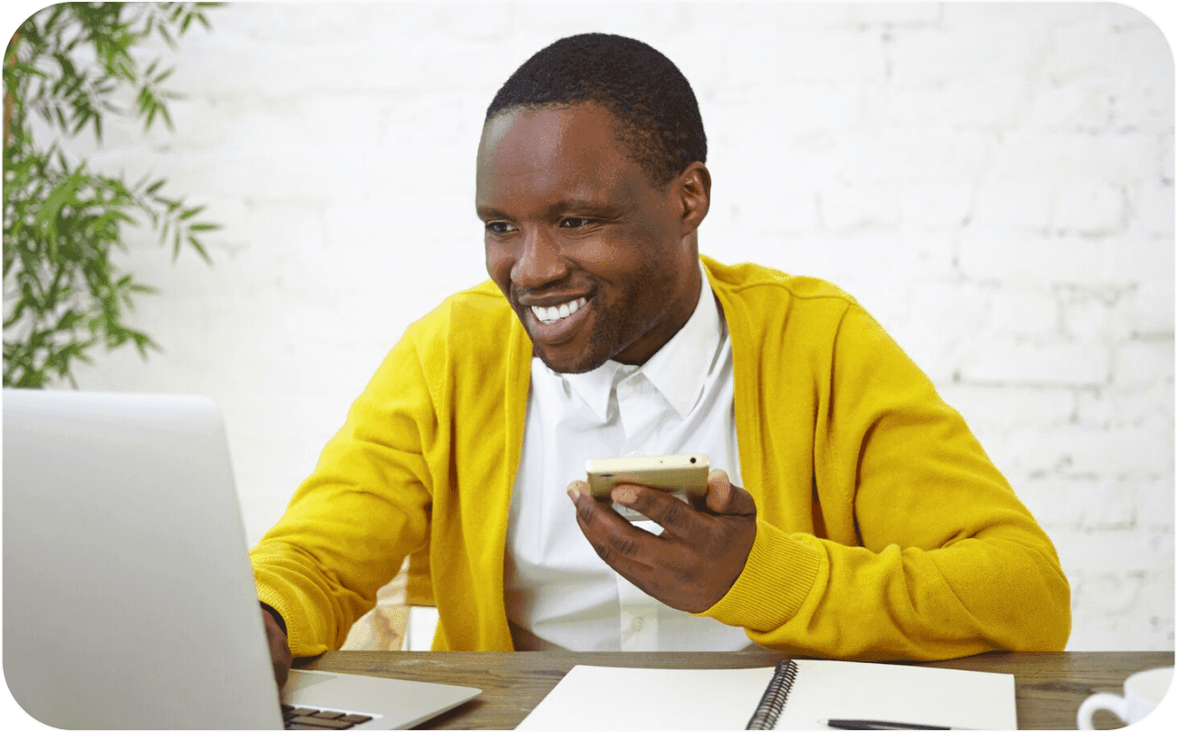 Happy Man transacting